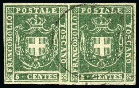 Stamp of Italian States » Tuscany 1860 5c Green, horizontal pair with large margins 