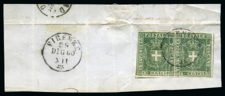 Stamp of Italian States » Tuscany 1860 5c Green, horizontal pair with huge margins a