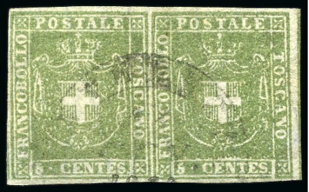 Stamp of Italian States » Tuscany 1860 5c Olive-green, horizontal pair with large ma
