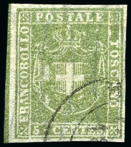 Stamp of Italian States » Tuscany 1860 5c Olive yellowish green, left marginal examp