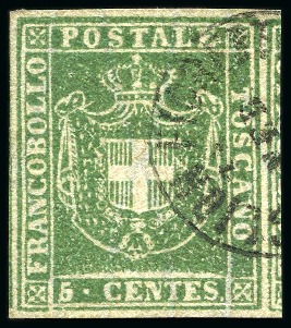 Stamp of Italian States » Tuscany 1860 5c Yellow-green, large margined example with 