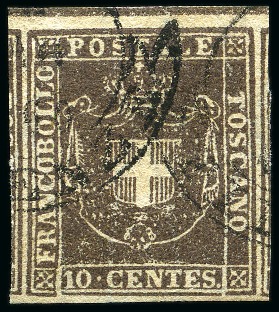 Stamp of Italian States » Tuscany 1860 10c Brown with exceptional margins, part of l