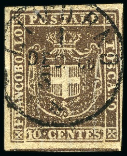 Stamp of Italian States » Tuscany 1860 10c Brown with exceptional margins, possibly 