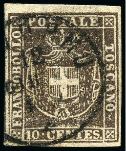 Stamp of Italian States » Tuscany 1860 10c Brown with large margins all around and i
