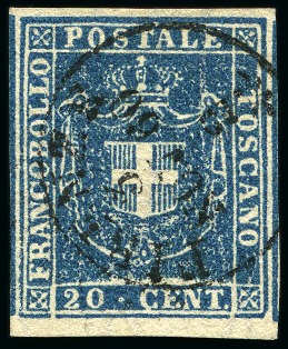 Stamp of Italian States » Tuscany 1860 20c Blue, huge margins all around with parts 