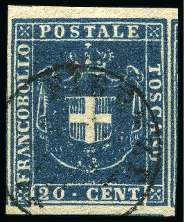 Stamp of Italian States » Tuscany 1860 20c Gloomy Blue "Cupo", huge margins all arou