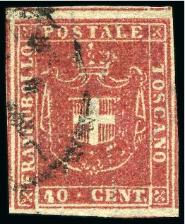 Stamp of Italian States » Tuscany 1860 40c Carmine, huge margins all around with par