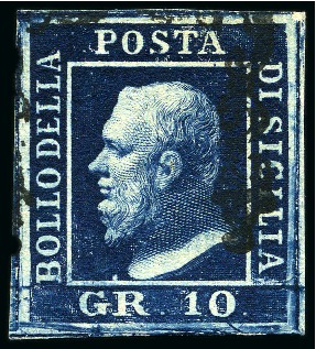 Stamp of Italian States » Sicily 1859 10gr Blue "cupo", huge margins all around wit