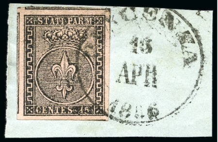 Stamp of Italian States » Parma 1852 15c Rose, huge margins all around with parts 