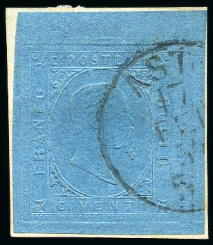 Stamp of Italian States » Sardinia 1853 20C Blue, huge top marginal example showing a