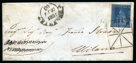 Stamp of Italian States » Tuscany 1851-52 6cr Dark blue on blue, close to large marg