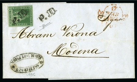 Stamp of Italian States » Tuscany 1851-52 4cr Green on grey, large margins all aroun