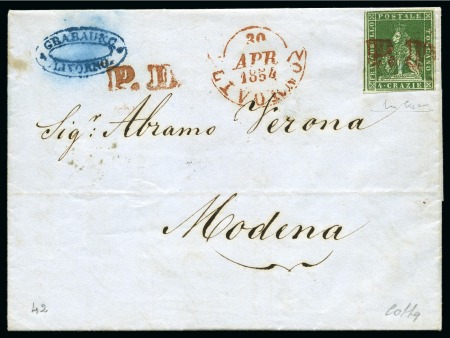 Stamp of Italian States » Tuscany 1851-52 4cr Dark yellow green on grey, large margi