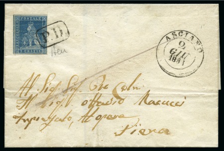 Stamp of Italian States » Tuscany 1851-52 2cr Light blue on grey, large margins all 