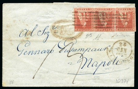 Stamp of Italian States » Tuscany 1851-52 1cr Carmine on grey, STRIP OF THREE, good 