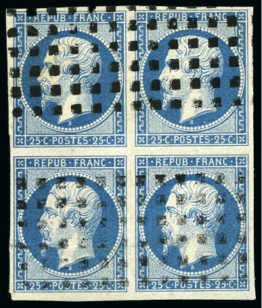 Stamp of France 1852 25c Présidence en bloc de 4 obl. gros points,