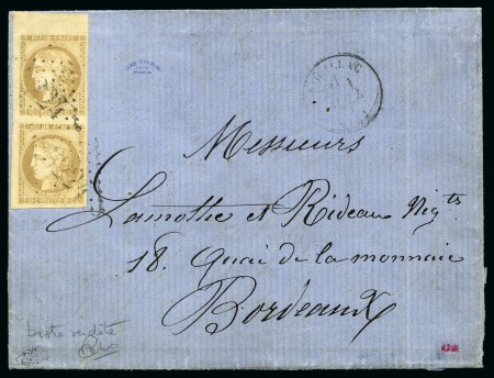 Stamp of France 10c Bistre verdâtre en paire verticale (bdf) obl. 