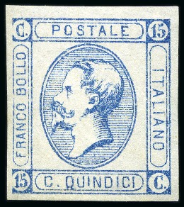 Stamp of Italy 1863 15C Blue, type I, with UNIQUE variety "missin