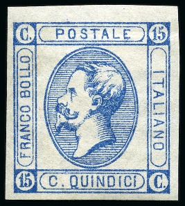 Stamp of Italy 1863 15C Blue, type 1, never hinged, large margins