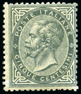 Stamp of Italy 1863 5C Grey-green, De La Rue printing, never hing