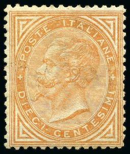 Stamp of Italy 1863 10C Orange, De La Rue printing, mint, good ce