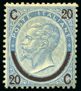 Stamp of Italy 1865 20C on 15C light blue, type 3, never hinged, 