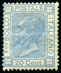 Stamp of Italy 1867 20c Blue, De La Rue printing, mint, very fine