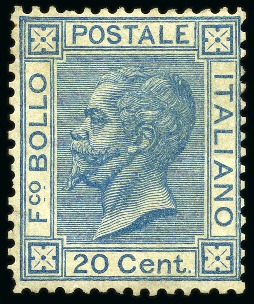 Stamp of Italy 1867 20c Blue, Turin printing, never hinged, very 