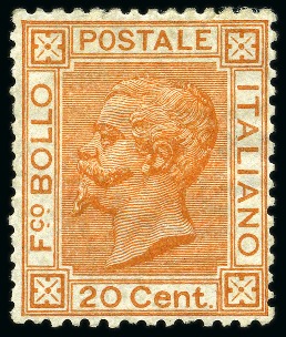 Stamp of Italy 1877 20C Orange, mint, well centered, very fine & 