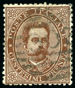 Stamp of Italy 1879 Umberto 30C Brown, very well centered, used w