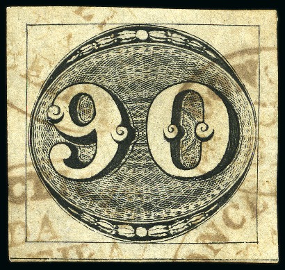 Stamp of Brazil 1843 Bulls Eyes 90r on thin yellowish, from foot o