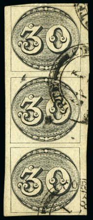 Stamp of Brazil 1843 Bulls Eyes 30r late impression on yellowish, 