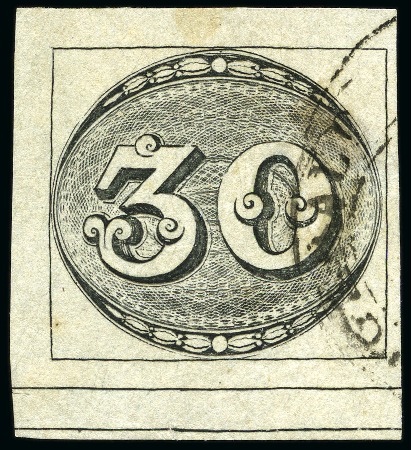 Stamp of Brazil 1843 Bulls Eyes 30r late impression on thin greyis