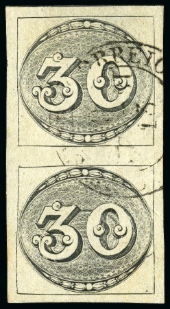 Stamp of Brazil 1843 Bulls Eyes 30r late impression as medium yell