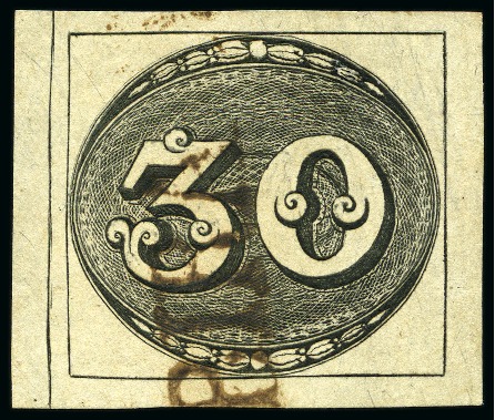 Stamp of Brazil 1843 Bulls Eyes 30r early impression on yellowish,