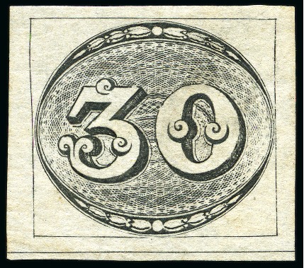 Stamp of Brazil 1843 Bulls Eyes 30r late impression on thin greyis