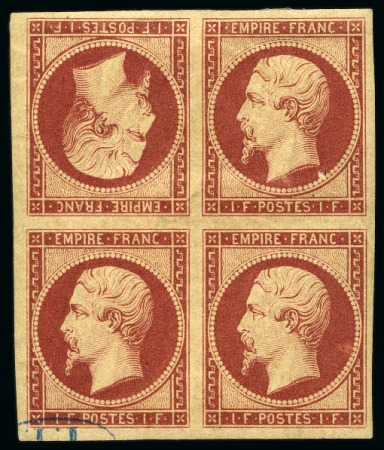 Stamp of France 1F Empire, Réimpression de 1862 en bloc de 4 avec 