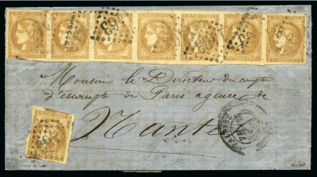 Stamp of France 10c Bordeaux en rare bande de 8 + un isolé (déf), 