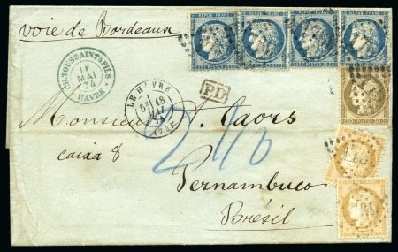Stamp of France 1874 Lettre avec afft tricolore pour le Brésil ave