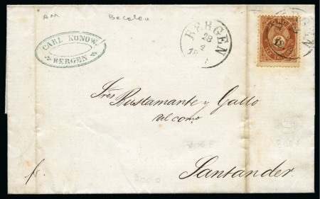 Stamp of Norway 1876 Folded letter from Bergen to Santander franke