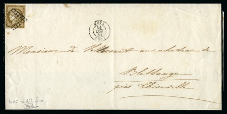 Stamp of France 1849 10c bistre verdâtre foncé obl. grille sur avi