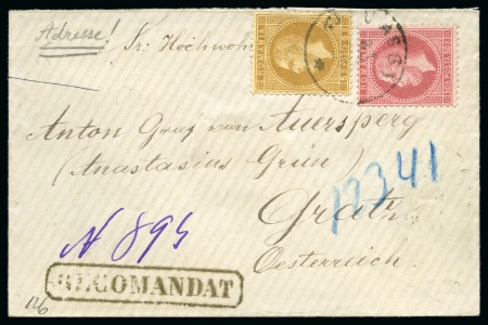 Stamp of Romania 1872 Paris printing 50b, used with 5b on registere