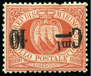 Stamp of Italy » San Marino 1892 Coat-of-Arms 10 on 20C red with INVERTED DOUB