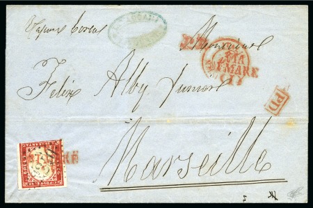 Stamp of Italian States » Sardinia 1855-63 40C red (cut into) tied by both red VIA DI
