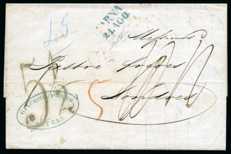 Stamp of Palestine and Holy Land » Palestine Austrian Levant Offices Varna: 1867 (8.8) Folded entire letter from Odessa