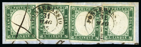 Stamp of Italian States » Sardinia 1855-63 5C Dark Emerald green, four examples tied 