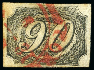 Stamp of Brazil 1844 Inclinados 90r type II on thin yellowish, re-