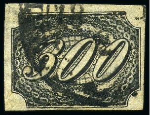 Stamp of Brazil 1844 Inclinados 300r on thin yellowish, good to la
