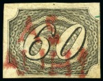 Stamp of Brazil 1844 Inclinados 60r range of cancels on display pa