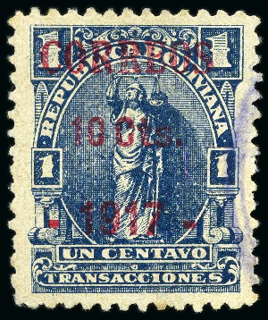 Stamp of Bolivia 1917 Cojita surcharge 10c on Transacciones 1c blue